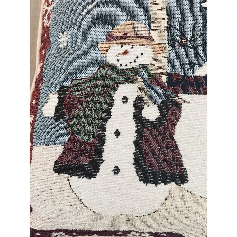 VTG Snowman Tapestry Throw Pillows 16x16 Lot of 2 Winter Christmas Holiday Decor
